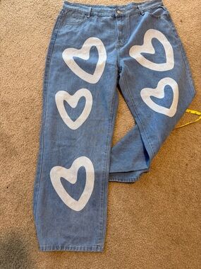 3XL Blue Denim Heart Print Jeans